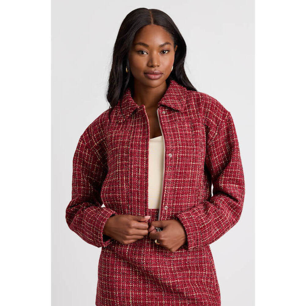 Brand New Worn Once Lulus Shaelyn Berry Red Tweed Cropped Bomber Jacket - Size M